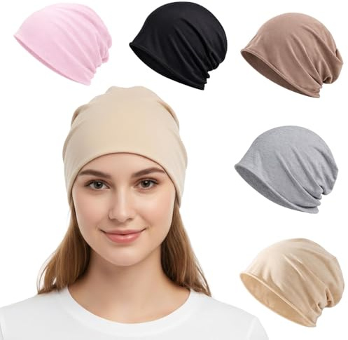 PjuQow 5 Stück Chemo Kopfbedeckung Damens, Pack Beanie Damen, Chemo Kopfbedeckung Damen, Dünne Mütze Damen, Pink Schwarz Braun Hellgrau Hellkhaki, für Joggen, Fahrradfahren, Schlafen, Chemos