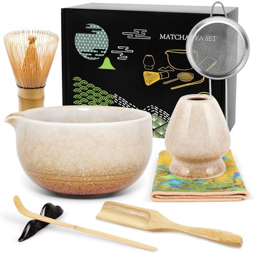 Matcha Kit 8 Pièces, Matcha Set - Fouet en Bambou pour Matcha, Bol à Matcha à Buse, Support pour Fouet, Tamis à Matcha, Kit de Thé Japonais pour Amoureux du Matcha (Blanc)
