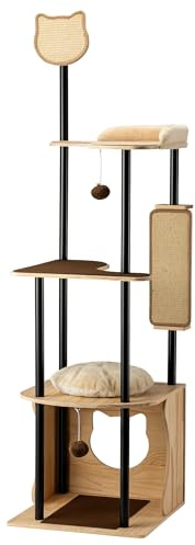 Fudajo Kratzbaum aus Metall 48 x 48 x 168 cm mit Sisal, Kratzmöbel mit Kratzbrett, Katzenbaum mit großer Liegefläche und modernem Design