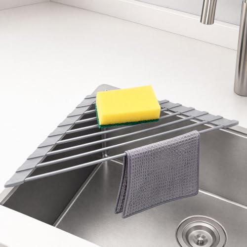 YPLANGENT Escurridor de Platos Plegable, Acero Inoxidable 304, Gris | Escurridor triangular para fregadero, plegable y antideslizante, ideal para cocina pequeña