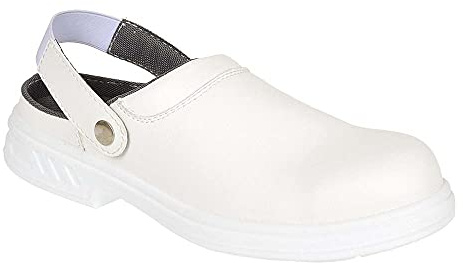 Portwest FW82 Steel Microfibre Clog Padded Collar Slip Oil Water Resistant | White, 2, SB EN ISO 20345, CE Certified, Regular Fit, Self-Cleaning Outsole, Anti-Static Footwear, Detachable Strap