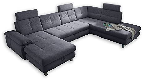 Stella Trading ALBA Wohnlandschaft in U-Form, Stoffbezug Anthrazit - Ausziehbares Sofa mit Schlaffunktion & Bettkasten - 349 x 88 x 233 cm (B/H/T)