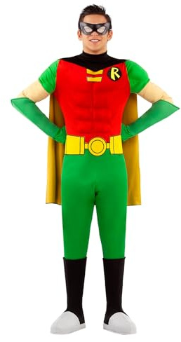 Funidelia Offizielles Robin Kostüm für Herren, enthält Overall, Stiefelüberzüge, Umhang, Gürtel, Handschuhe und Augenmaske, Superhelden - Outfit für Erwachsene für Partys, Karneval und Halloween