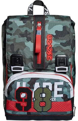 Seven Zaino Scuola Estensibile, Camouflage Verde, Crew, Zaino Doppio Scomparto Estensibile Tramite Zip Laterali, Scuola, Bambino