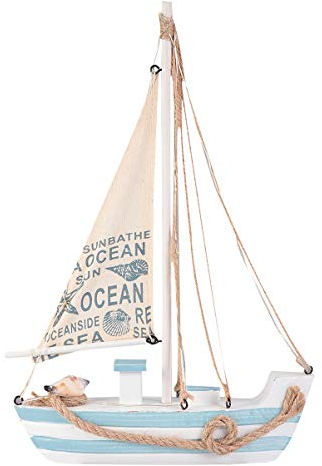 TOYANDONA Wooden Sailing Boat Model with LED Light Rustic Wooden Coastal Decoration Nautical Decor Mediterranean Style Beach House Ornament For Living Room Bedroom (Without Battery)