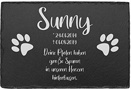 Tiergrabstein Grabplatte aus Schiefer Gedenkstein mit individueller Gravur Gedenktafel für Hunde und Katze und andere Haustiere Grabstein Grabschmuck personalisiert mit Ihrer Wunschgravur Pfoten