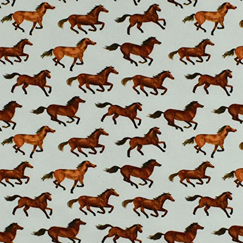 French Terry Stoff, Pferde, ungeraut, weiß (50cm x 155cm)