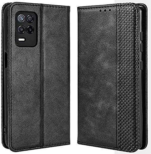 DOINK Coque en Rétro Cuir pour Realme 8 5G / Narzo 30 5G, Premium Etui en Pochette avec Fentes pour Cartes et Espèces - Noir