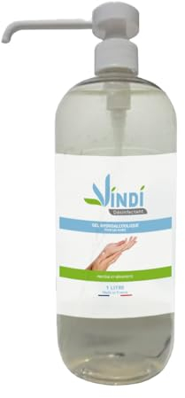 Vindi Désinfectant gel hydroalcoolique - Flacon pompe de 1L - Fabrication Française - 76% d'alcool - Virucide