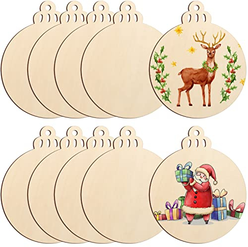 Large Size 7 Wooden Christmas Ornaments to Paint, DIY Blank Unfinished Round Wood Discs Ornament for Crafts Hanging Decorations(10PCS)