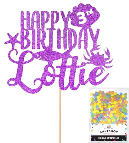 Cakeshop - Topper per torta di compleanno, personalizzato, con brillantini, colore personalizzato, per qualsiasi nome e qualsiasi età sotto il mare, per torta 1° 2° 3° 4° 5° 7° 8° 10° 16° 18° | viola