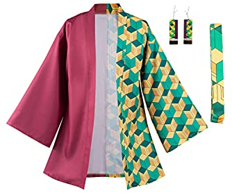 YANVS Anime Kimono Cloak Robe Cosplay Kostüm Kimono Cardigan Umhang mit Ohrringen und Gürtel, Tomioka Giyuu, S