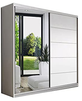 mb-moebel Armoire de Chambre avec 2 Portes coulissantes et Miroir l Dressing Garde-Robe Penderie (Tringle) avec étagères - 160x195x61cm EVA BIS05 (Blanc)