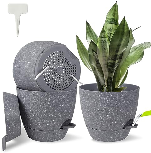 STURME 23CM Plant Pots Indoor 2 Pack, Self Watering Plant Pots with Drainage Holes,Saucers and Reservoir,Suitable for Flowers, Plants Indoor Modern Fashion Decorative Grey Plastic Plant Pots.