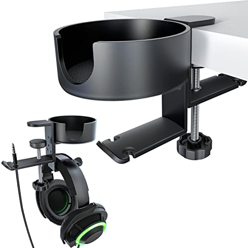 NODOCA Desk Cup Holder with 2 Space Saving Hangers for Headphone/Handbag/Hat, 360 Degree Rotation Headphone Stand for Desk, Drink Holder,Headset Hanger for Office, Home(Black)