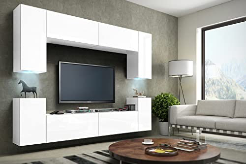 Furnitech Wohnwand Modern | Wohnwand mit LED RGB - 16 Farben | Hängend Wohnzimmer Schrankwand mit Regale und TV Schrank (Future C1/M/W/4-1A MATT)