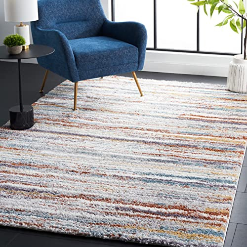 SAFAVIEH Berber Shag Collection Area Rug - 9' x 12', Blue Rust & Ivory, Stripe Design, Non-Shedding & Easy Care, 1.25-inch Thick Ideal for High Traffic Areas in Living Room, Bedroom (BER565A)
