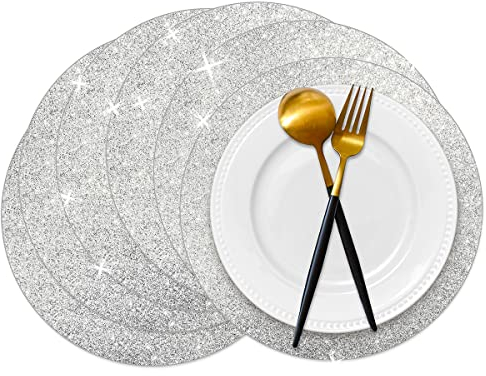 50 Stück silberne Glitzerpapier-Tischsets, glitzernd, rund, Einweg-Tischsets, silberne Pailletten-Deckchen, dekorative Tischsets für Hochzeit, Bankett, Party, Zuhause, Essgeschirr
