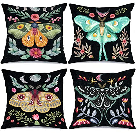 Kissenbezug mit tropischen Blumen, Schmetterlingen, nordischer Stil, Überwurf-Kissenbezüge, Mondphase, 4er-Set, Kissenbezug, BohTropische Blätter, Kissen für Couch,Büro, Geschenk.