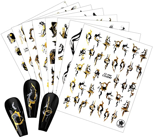 9 Blatt Nagel Kunst Aufkleber, Nagel Aufkleber Geometrische Linien Marmor Nagelaufkleber, Selbstklebende Nagel Abziehbilder Nail Art Stickers, Nageldesign Zubehör (Schwarzes Gold)