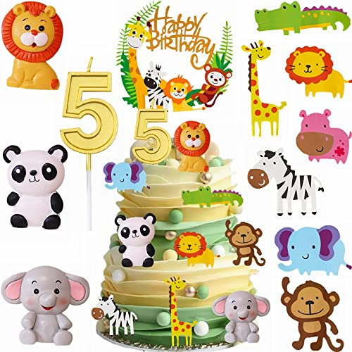 Yunchu Online Tortendeko 5. Geburtstag für Baby Kinder Mädchen Safaritiere Kuchendekoration Waldtiere Figuren Happy Birthday Kuchendeko Tiere Geburtstag Deko Kuchen Topper für 5 Jahr Junge Mädchen