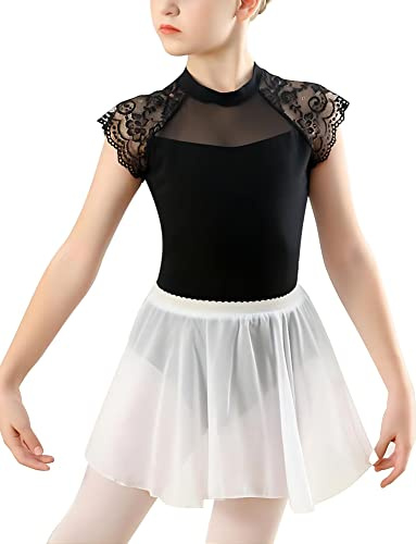 Maeau Girls Ballet Leotard Lace Sleeves Gymnastics Dancewear Water-drop Hollow Back Mesh Skirt Dance Ballet Leotard Outfits B-Black 13-14 Y