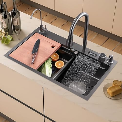 Bouton d'évier de cuisine cascade affichage de la température de l'eau en acier inoxydable multifonctionnel évier lavabo à main (68x 45 x 21,8 cm)