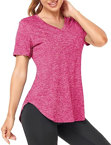 Deaviya Sport T-Shirt Damen, Fitness Sport Shirt Kurzarm Oberteile, V-Ausschnitt Laufshirt für Frauen, Workout, Gym Yoga Shirt Damen (DE/NL/SE/PL, Alphanumerisch, L, Regular, Regular, Rot)