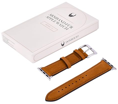 DONBOLSO Apple Watch Armband aus Leder - für Handgelenke mit 158 bis 208 mm Umfang - Für Apple Watch-Modellen - Echtes Lederarmband für Stilvoll Akzente - Klein - 12x2,2 cm, Vintage Braun