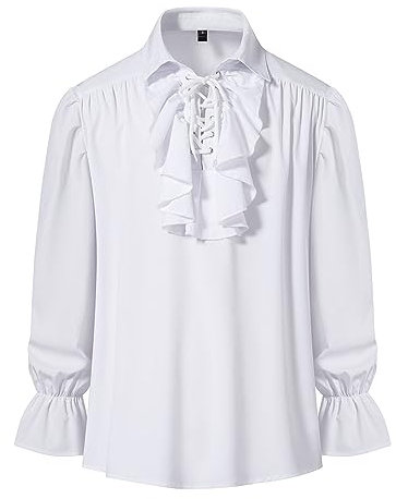 Men's Retro Renaissance Steampunk Victorian Long Sleeve Jabot Collar Medieval Pirate Lace Up Shirt Tops-White-XL