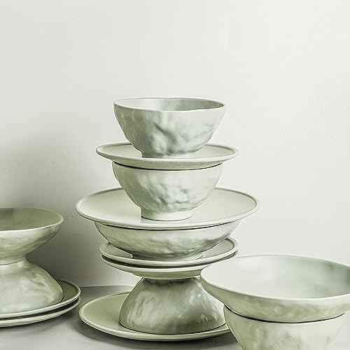 Stone by Mercer Project Nendo Geschirrset aus Steingut, 16-teilig - Service für 4 Personen, Salbeigrau