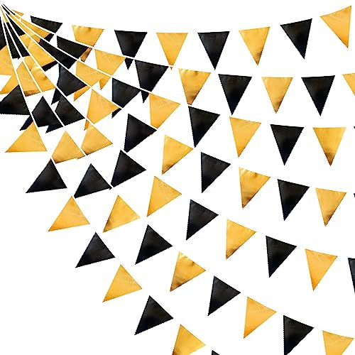 32Ft Black Gold Fabric Triangle Banner Flag Double Sided Metallic Holographic Pennant Bunting Garland for Graduation Birthday Wedding Baby Bridal Shower Anniversary Bachelorette Hen Party Decorations