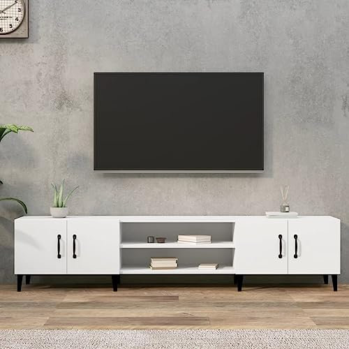 Homvdxl 180cm Wide TV Stand Unit, TV Cabinet for up to 70 Inch TV, TV Table with 4 Doors and Metal Legs, 180x31.5x40 cm, for Living Room, Bedroom, White