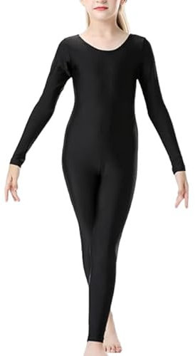 R&N FASHIONS Ganzärmliger, fußloser Catsuit für Mädchen und Damen, U-Ausschnitt, fußloser Tanzanzug für Ballett, Tanz, Akrobatik, Gymnastik (Schwarz, 11–12 Jahre)