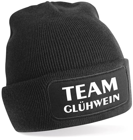 One Size Beanie, Mütze mit Spruch: Team Glühwein schwarz oder beige (DE/NL/SE/PL, Alphanumerisch, Einheitsgröße, schwarz)
