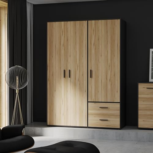 FORTE Jupiter Schrank 140 150, Kleiderschrank, Drehtürenschrank, 3-türig, mit 2 Schubladen und Einlegeböden, Schwarz mit Holz Dekor: Catania Eiche, 145 cm breit x 53 cm tief x 200 cm hoch