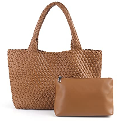 CREDSTAR Damen Gewebte Tasche, Veganes Leder Tote Bag Große Sommer Strand Reise Handtasche und Geldbörse Retro Handgemachte Umhängetasche, Braun