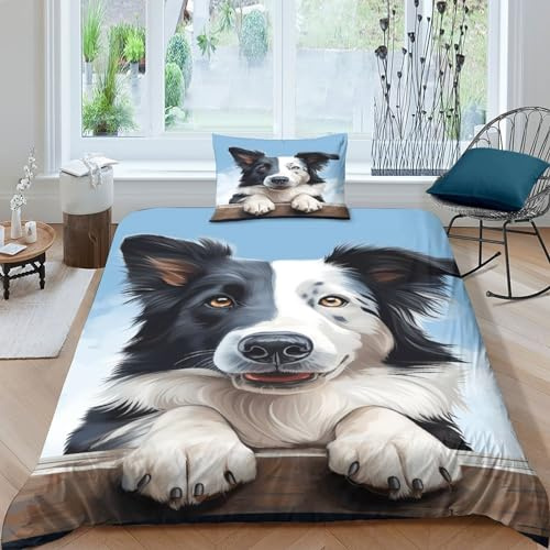 IVYARD Border Collie 3D Gedruckt Bettwäsche Sets 3 Teilig Bettbezug Mit Kissenbezug Soft Microfaser Luxus Modern Mit Reißverschluss Für Erwachsene Und Kinder Single（135x200cm）