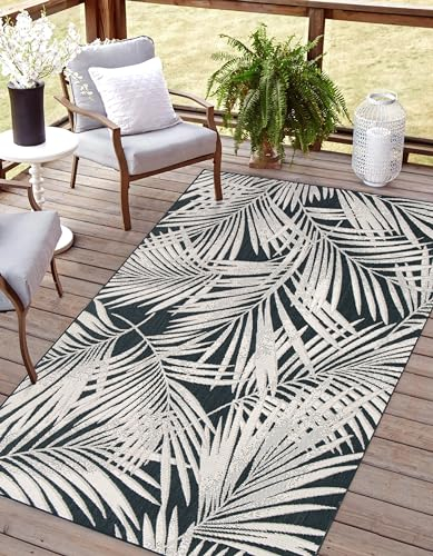 Rikmani In- und Outdoor Teppich wetterfest, wasserfest, robust für Terrasse, Balkon, Garten, Innenräume, Palm, Schwarz-Beige in 120 x 170 cm