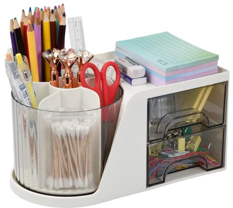 Organisateur de Bureau avec Porte-Stylo Rotatif, Pot à Crayons de Bureau avec 2 Tiroirs, Organisateur de Fournitures Artistiques, Pot à Stylo Papeterie Organizer pour École Maison Bureau (Blanc)