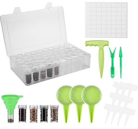 60 Slots Diamond Seed Storage Organizer Box with Label Sticker Sowing Seeds Dispenser Funnel Grip Dibber Seedling Dibber Widger Plant Tag for Vegetable Flower Plant, 17PCS Seed Planter Tool Set