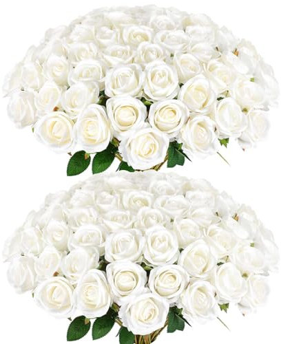 Künstliche Rosen, Samt, Seide, weiße Rosen für Hochzeit, Tafelaufsätze, Brautstrauß, Muttertag, Valentinstag, Heimdekoration (60, weiß), 60 Stück