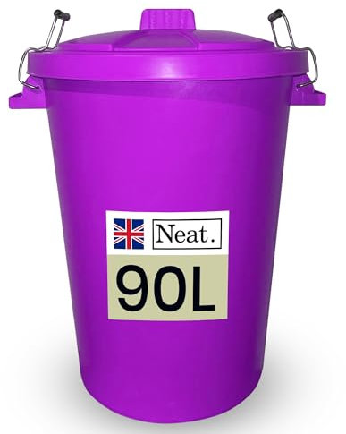 Neat. Large Plastic Bin - 90L, Heavy Duty Kitchen Bin with Metal Handle, Purple, Indoor/Outdoor Dustbin with Lid for Waste or Storage