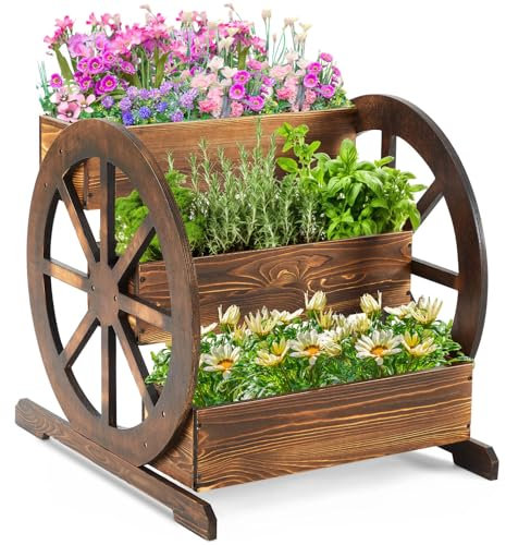Beeveer Jardinière en bois à 3 niveaux avec trous de drainage, décoration pour terrasse, jardin, balcon, légumes, fleurs, herbes 61 x 62,2 x 57,1 cm