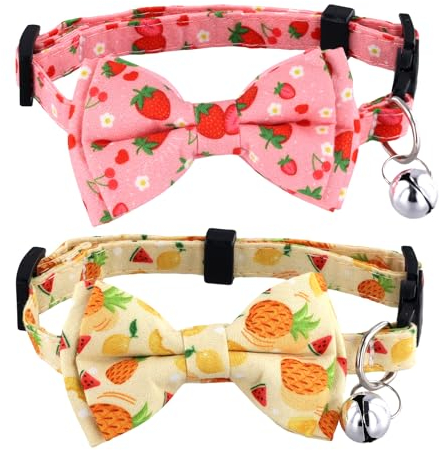 2pcs Colliers d'Été pour Chat, Fruits Mignons Collier pour Chat avec Noud Papillon et Cloche Réglable Collier Noud Papillon Doux pour Chat avec Ananas Motif Fraise (Rose, Jaune)