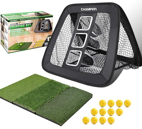 CHAMPKEY Double Sided Golf Chipping Net Come with Tri-Turf Hitting Mat and 12 Foam Golf Balls - 5 Ply-Knotless Netting Golf Targets System Ideal for Short and Long Distance Training (Standard Version)