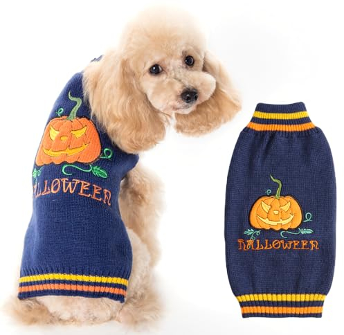 Hundepullover Halloween Kostüm Hund Halloween Kürbis Hunde Pullover Warme Halloween Hundepullover für Kleine Mittelgroße Grosse Hunde Halloween Party Geschenk für Haustier Puppy und Katzen Blau L