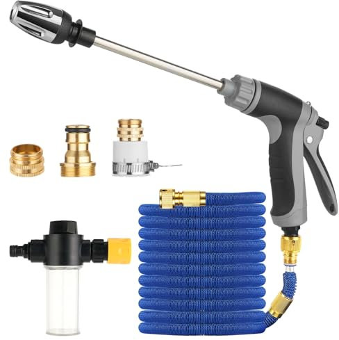 Pressure Washer Gun with Expandable Garden Hose, 360° Adjustable High Pressure Turbo Washer, Car Washer with Long Wand, Foam Cannon and Connector, for Lawn & Garden, Washing Cars, Showering Pets