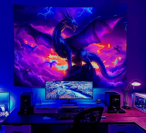 MDUKOIN Schwarzlicht-Wandteppich, Fantasie-Drache, coole Tiere, UV-reagierend, Schwarzlicht, Wanddekoration, Wandteppich, Hippie-Kunst, Ästhetik, Wandbehang für Herren, Zuhause, Wohnzimmer,