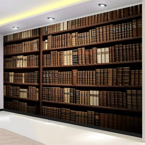 Vintage Library Brown Bookshelf Photo Wallpaper Non-Woven Art Print Wall Mural Decoration Poster Picture Design Modern Living Room Kitchen Bedroom Wall Mural 137 (W) x 100 inch (H)